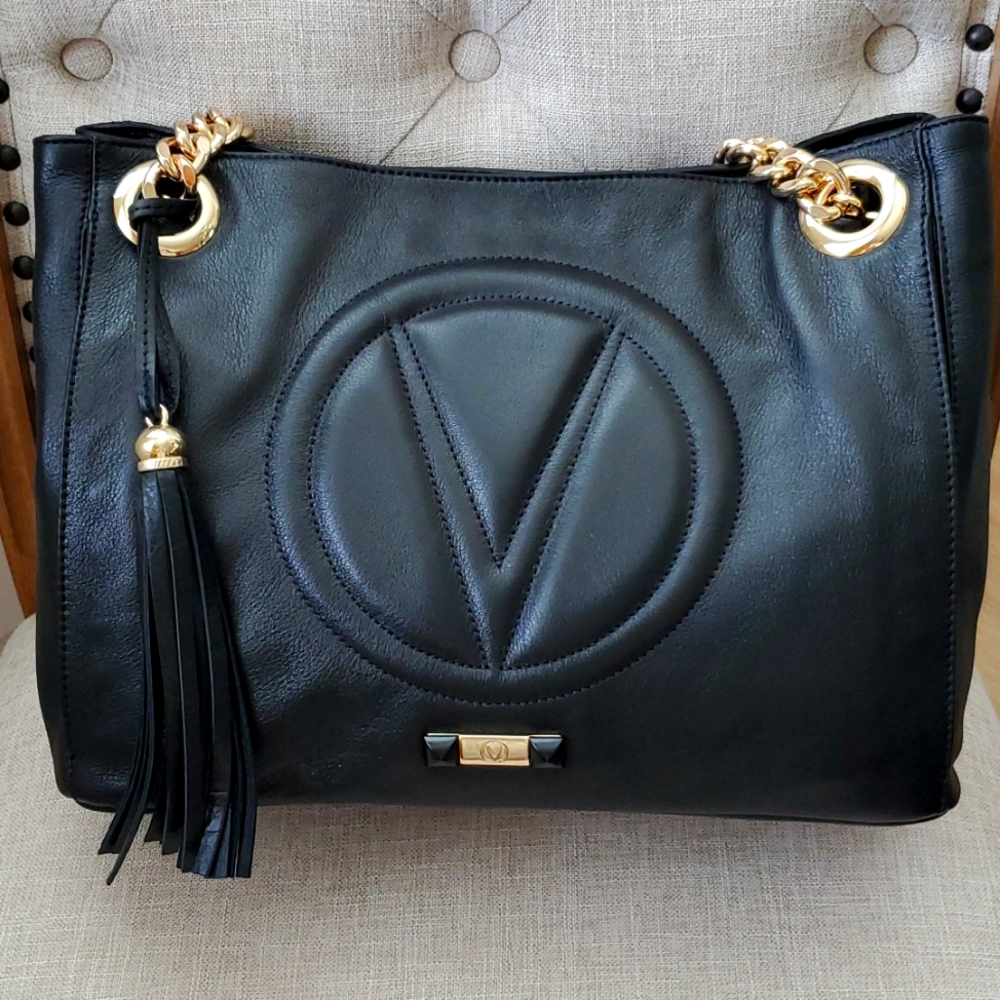 Mario Valentino Black Leather Shoulder Tote with Gold Chain Handles